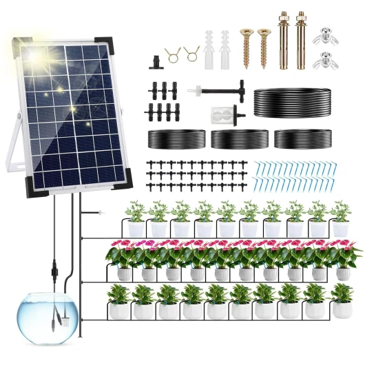 Jardin goutte à goutte système d'arrosage solaire, 5W automatique solaire goutte à goutte Kit système d'arrosage, dispositif d'arrosage de plantes en mode temporisé