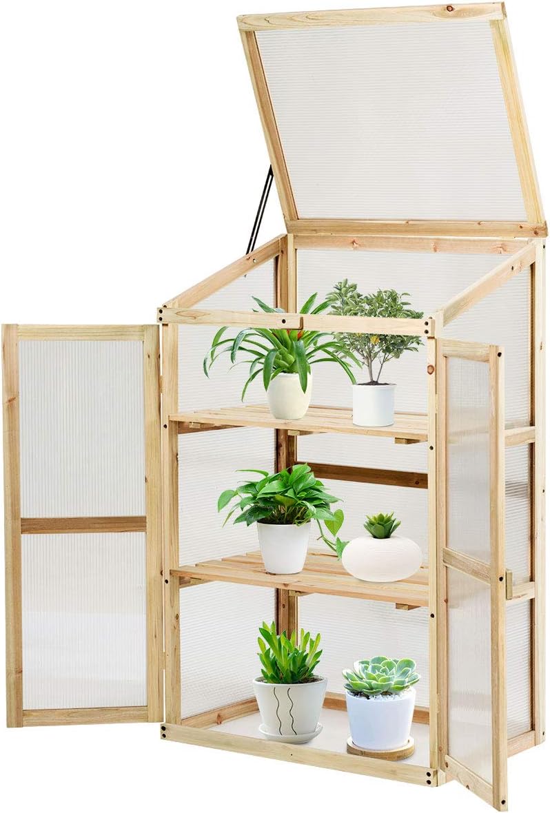 Mini Serre en Bois 60x45x100CM Vitrages Transparents en Polycarbonate Plateau Supérieur Amovible avec Etagères à 3 Niveaux pour Jardin/Balcon/Porche