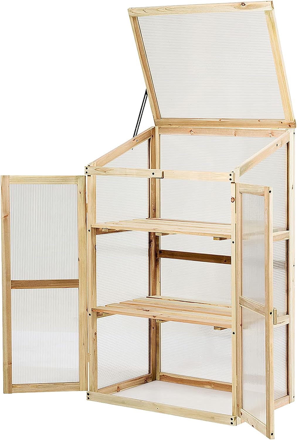 Serre en Bois de Sapin pour Jardin 3 Étagères, Mini Serre de Jardin pour Plantes avec Couvercle Incliné & Vitrages Transparents en Polycarbonate pour Balcon Terrasse Jardin 60x45x100 cm 60 x 45 x 100 cm