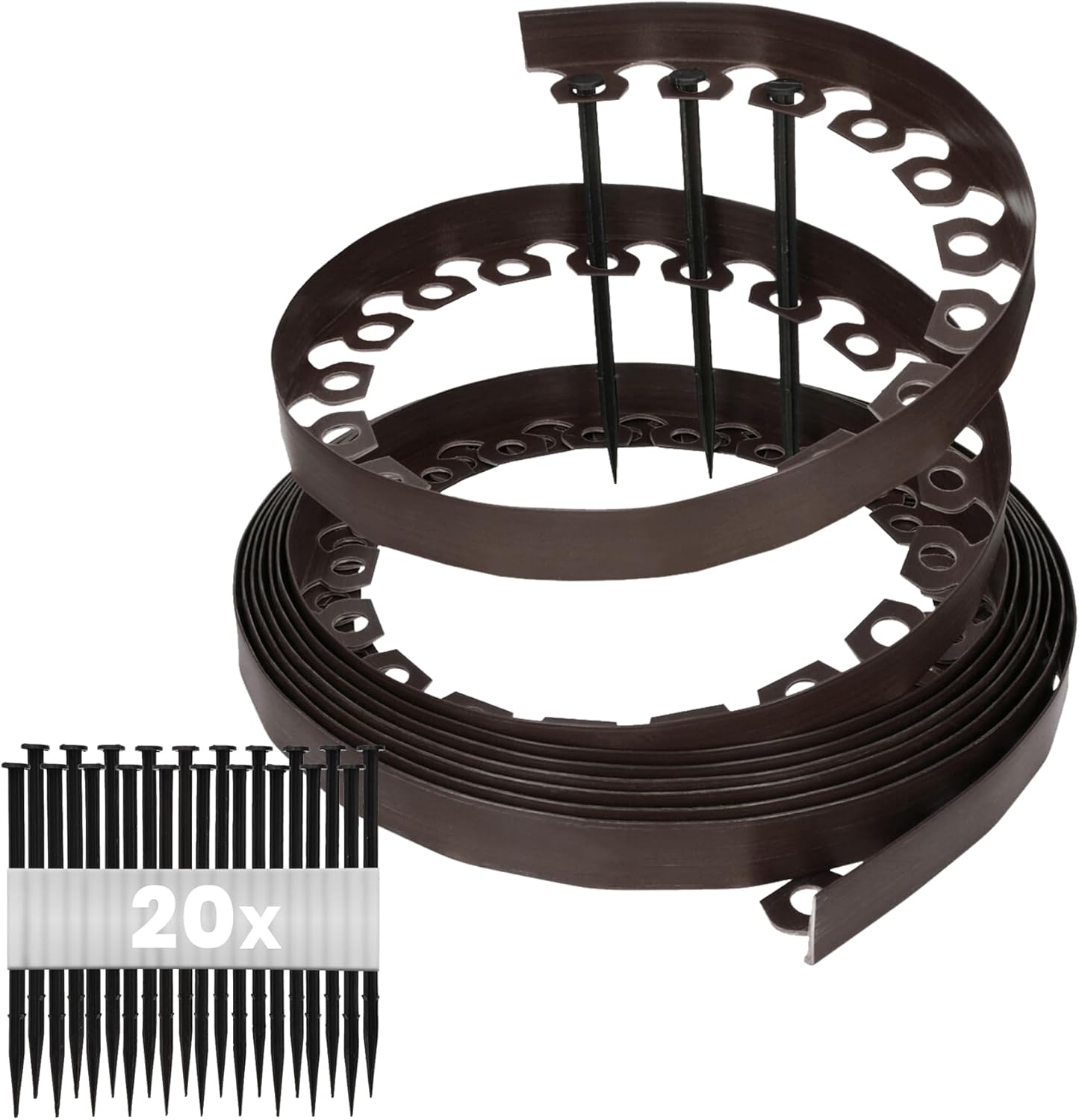 Bordure de pelouse en Plastique LineBORDER Flexible, 20 ancrages au Sol, Longueur 10m, Hauteur 4cm, Marron 10 m, hauteur = 4 cm + 20 piquets d'ancrage Marron