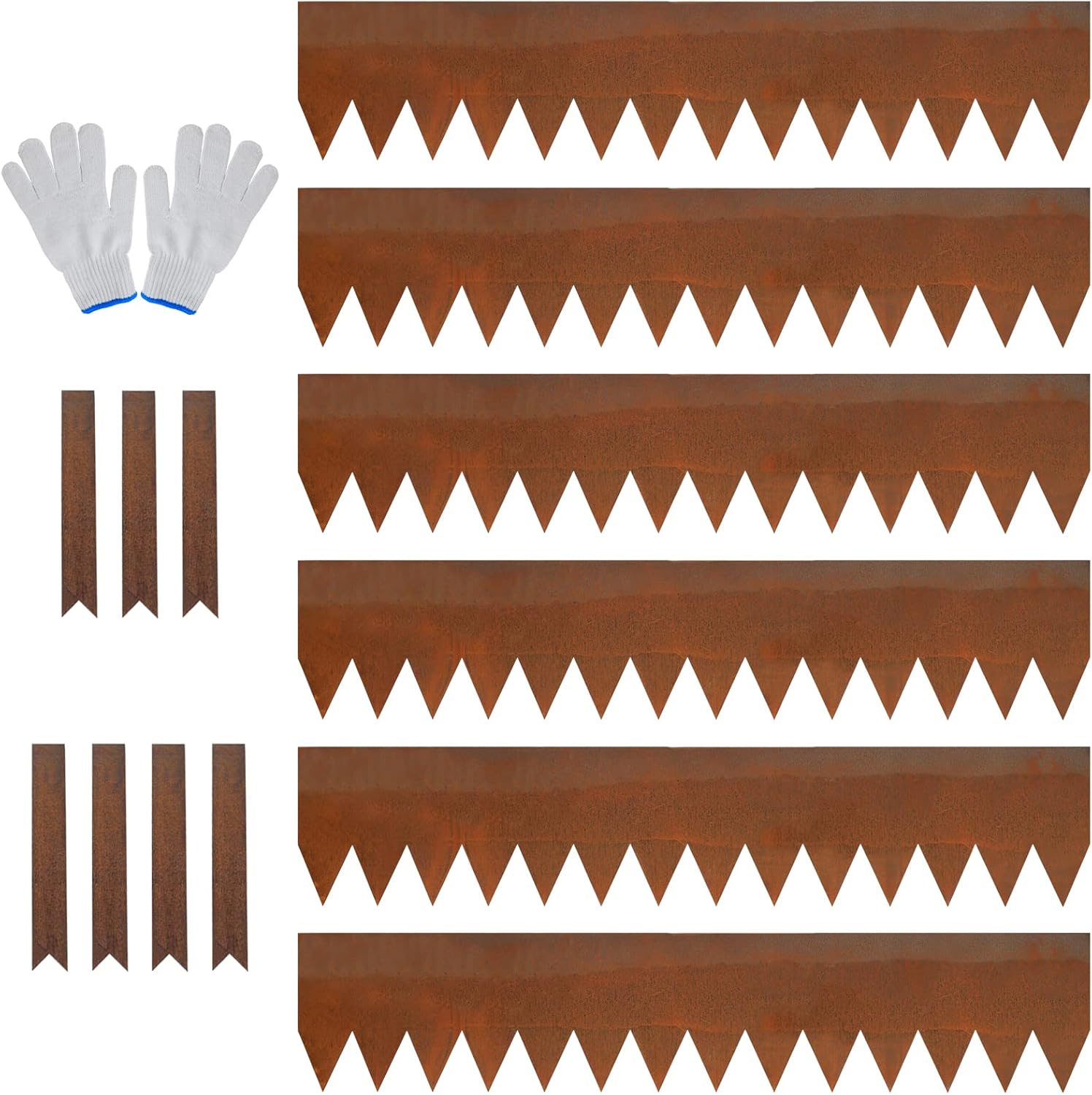 JonesHouseDeco Lot de 6 bordures de pelouse en acier Cor-Ten pré-rouillé de 20 cm de hauteur – Bordure décorative corten robuste de calibre 14 (6 m de longueur totale) avec 7 clips et gants 6-Pack (Hauteur:20cm)