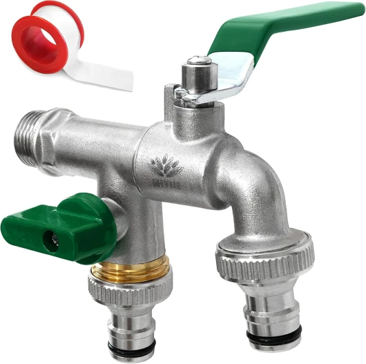 1/2'' Pouce (15/21) Robinet d'eau en Laiton Double de Qualité Supérieure, Résistant à la Rouille et au Gel + 2X Raccords de Tuyau Gratuits + Ebook - Pour Jardin, Machine à Laver, Baril de Pluie 1/2'' à 2x 3/4'' (1 pc) Vert