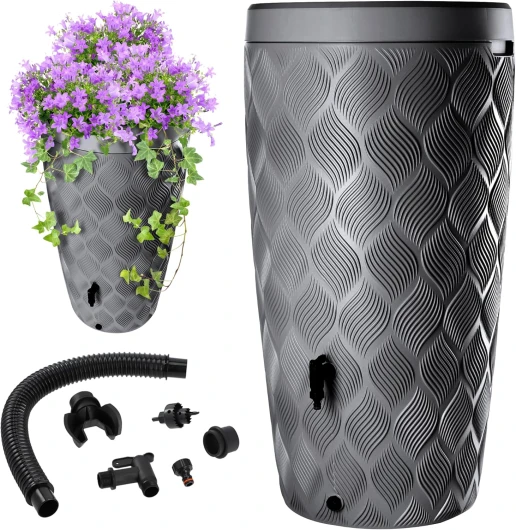 Récupérateur d'eau de Pluie avec bac à Plantes intégré dans Le Couvercle - 240 l - en Plastique - Réservoir d'eau de Pluie avec Robinet - Résistant au Gel - Gris foncé
