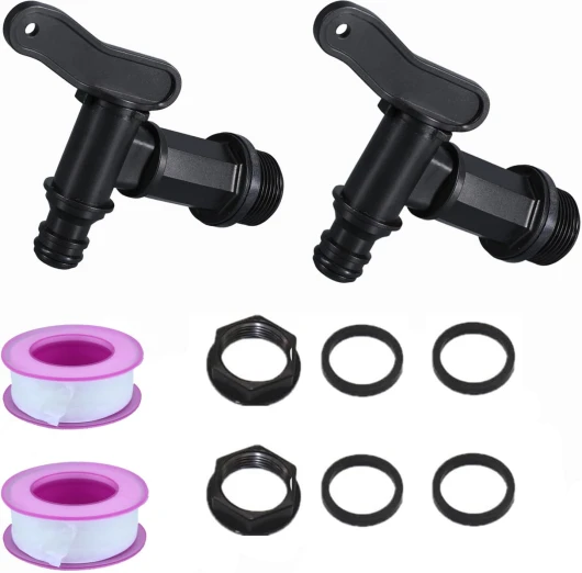 2Pcs Robinet Cuve Plastique, BetterJonny Adaptateur de boîte de Rangement d'eau IBC 3/4" Robinet pour Citerne De Pluie Robinet de Rechange en Plastique avec Ruban PTFE pour Recuperateur Eau de Pluie Noir
