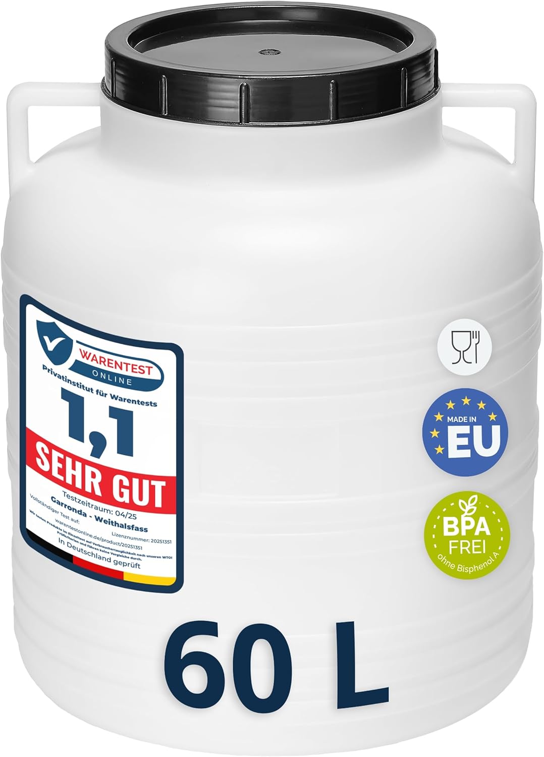 60 litres Réservoir Eau sans BPA avec Couvercle – Idéal pour Choucroute et Salaison de Viande GD-0087, Blanc 60L Blanc