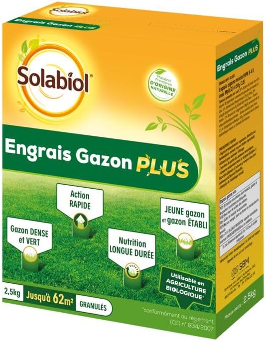 Engrais Gazon Plus - 2,5 kg - Granulés - Jusqu'à 62m² - Nutrition Longue Durée - Gazon Dense & Vert - Action Rapide - Utilisable En Agriculture Biologique SOGAZPLUS25