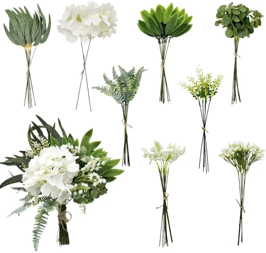 62 Pcs artificiel Greenery Stems Box Set, 8 types de fausses plantes et de fausses fleurs pour le bricolage de mariage bouquet de remplissage Centerpieces table et arrangement floral(Blanc & Vert) Blanc et Vert.