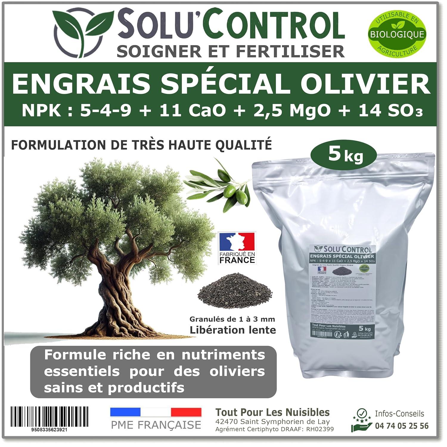 ENGRAIS Spécial OLIVIER 5 kg - SoluControl - Formulation haute qualité Organo-Minerale - NPK 5-4-9 - Utilisable en Agriculture BIOLOGIQUE
