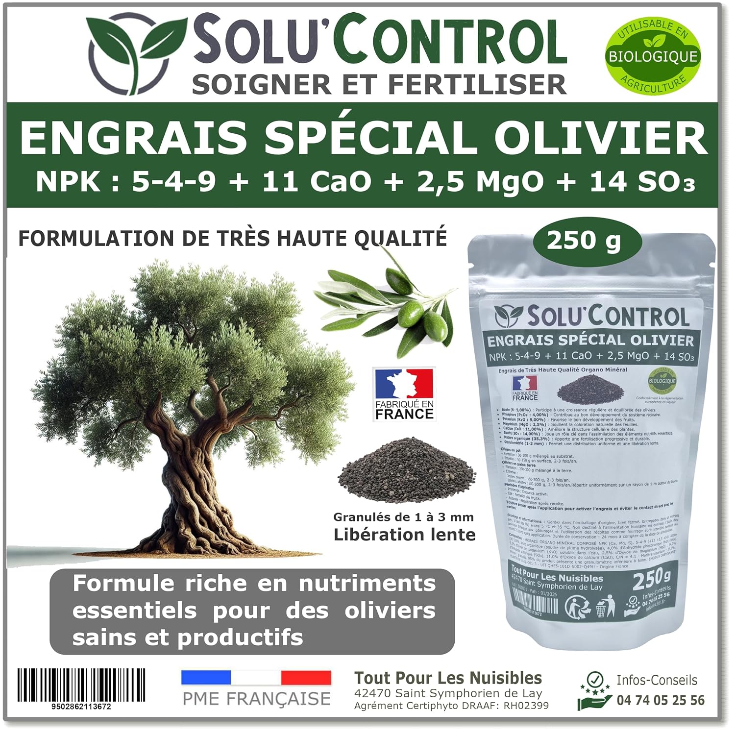 ENGRAIS Spécial OLIVIER 250 g - SoluControl - Formulation haute qualité Organo-Minerale - NPK 5-4-9 - Utilisable en Agriculture BIOLOGIQUE