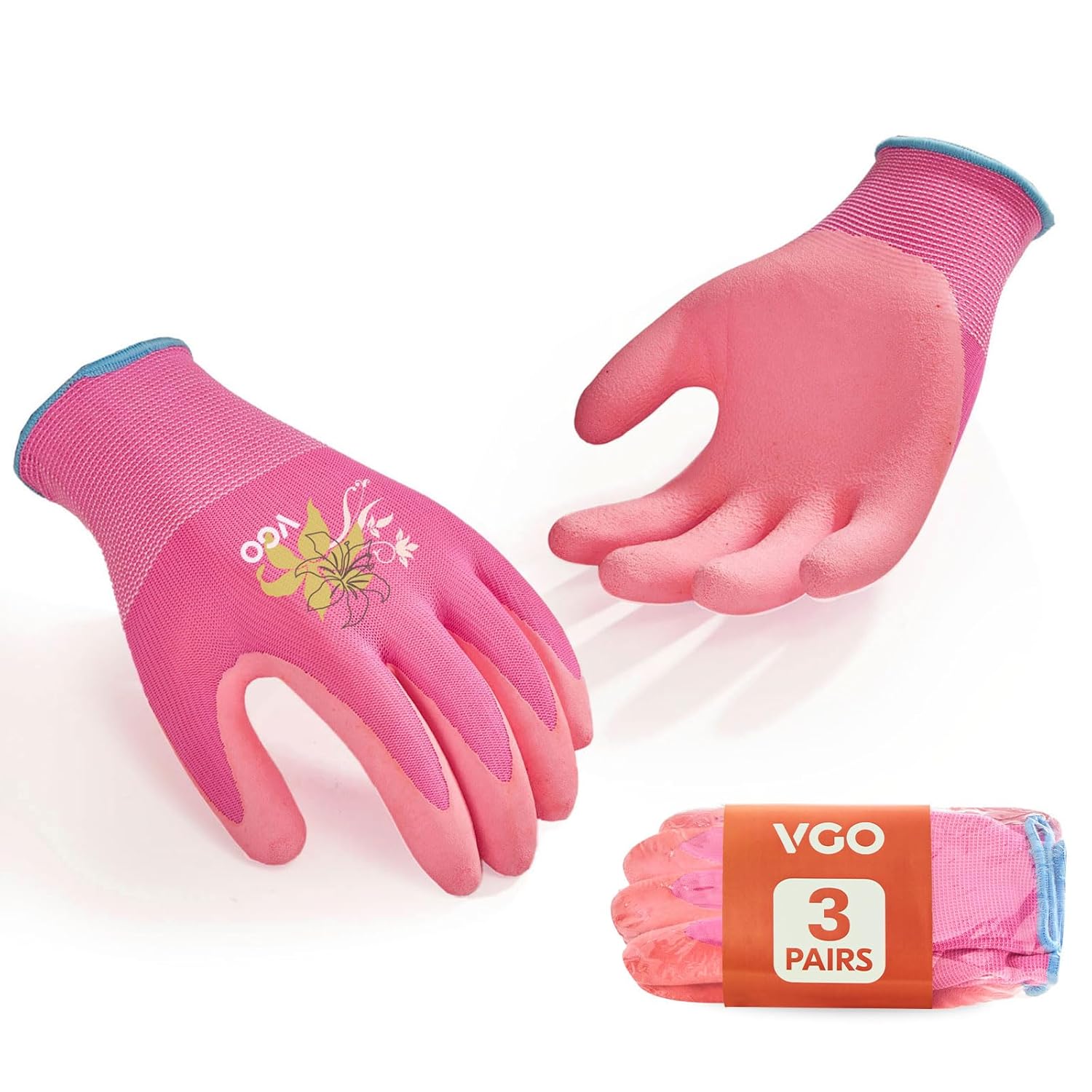 3 Paires Gants de Jardinage Femmes Enduits de Latex Antidérapant, Respirant, Durable pour Extérieur, Construction, Bricolage, Lavable en Machine, Ajustement Flexible (RB6013-FM,Rose,L,3 paires) L(lot de 3 paires) Rose(RB6013)