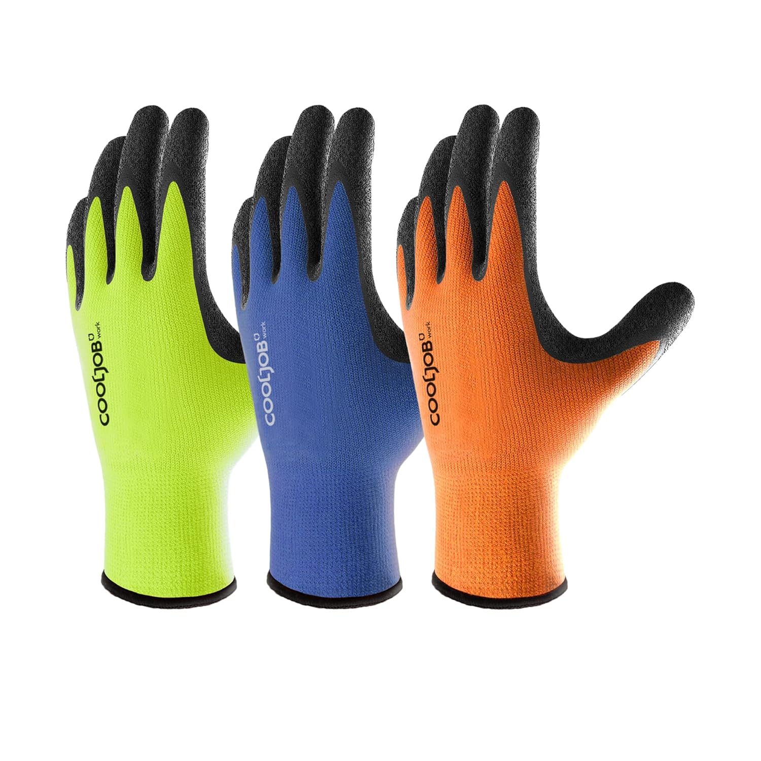 Gants de travail pour homme et femme, 3 paires de gants de jardinage antidérapants en latex froissé avec prise ferme, Orange, Jaune, Bleu, 3 paires L
