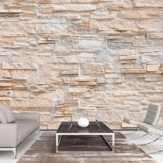 Papier Peint Panoramique Mur de Pierre 350x256 cm - Décoration murale moderne – Tapisserie décorative pour chambre salon - Architecture pierre beige fond de texture moderne 256 x 350 cm #01