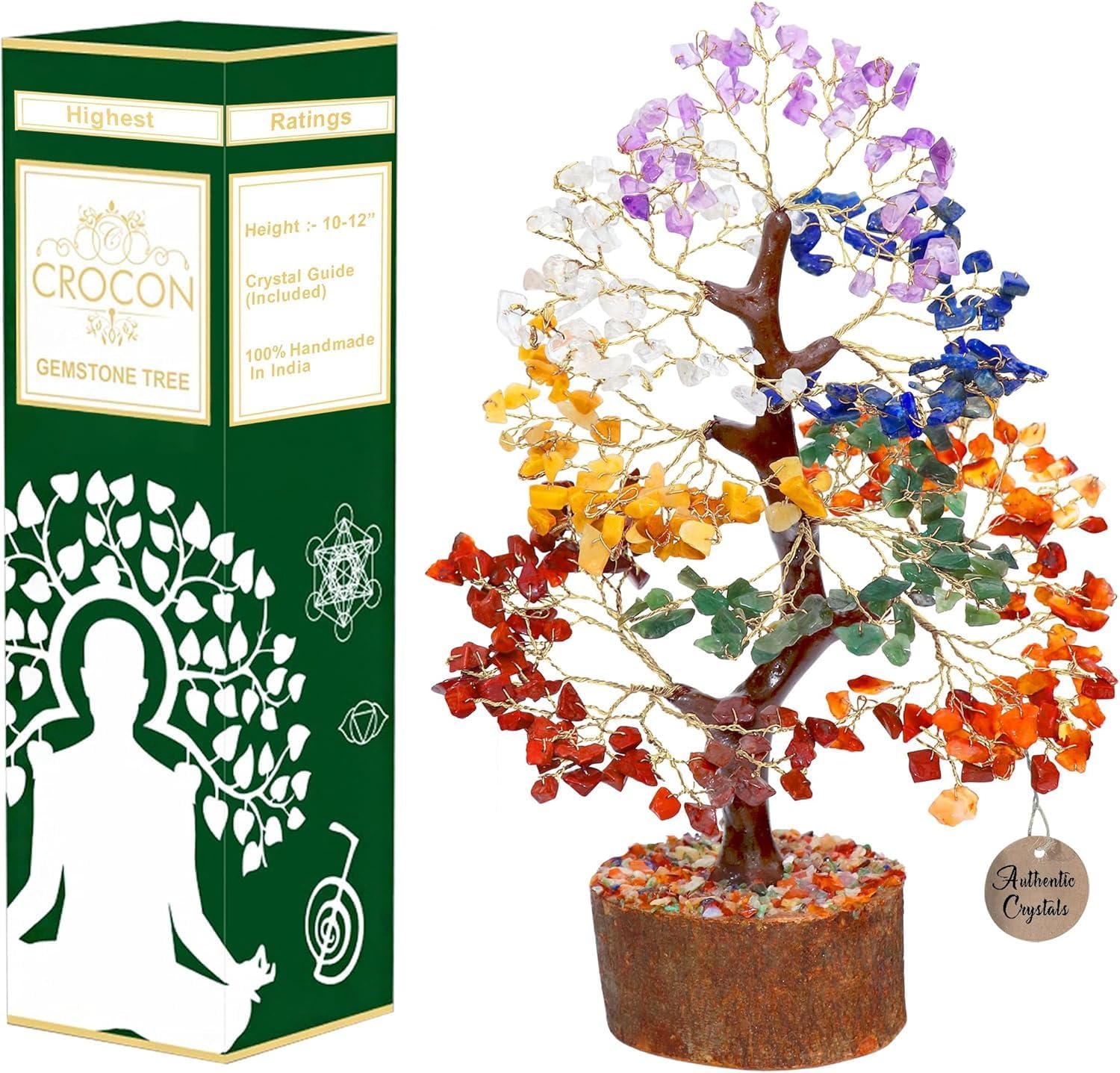 Bonsaï d'arbre de guérison en Pierres précieuses Naturelles Sept Chakras pour Cristal Reiki, équilibre de guérison, Bonne Chance, décoration de méditation spirituelle, Cadeau, Taille 25,4 à 30,5 cm #001 Seven Chakra (Golden Wire)