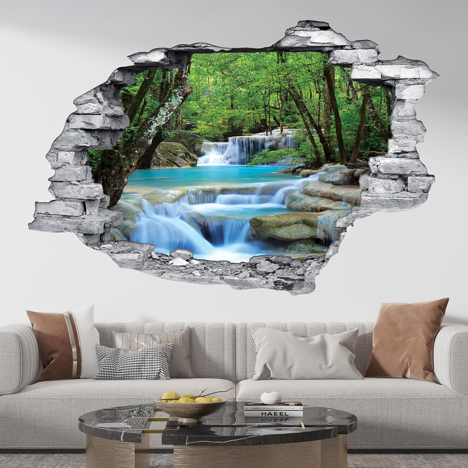 Stickers Trompe l'oeil Trou dans Le Mur - Cascade 3617681402701 - Pierres Rouges - Hauteur 90 x Largeur 135 cm Hauteur 90 x Largeur 135 cm Pierres Rouges