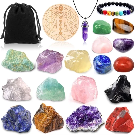 Purpledi 21pcs Ensemble de Cristaux de Guérison naturels, Pierre Brute Brute Naturelle pour Kits de Guérison en Cristal, 7 Pierres de Chakra, pour Guérison, Méditation, Cadeau Spirituel, Relaxation