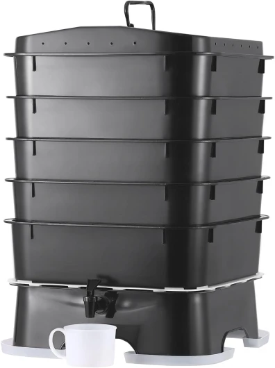 Lombricomposteur à 5 Plateaux Composteur de Jardin 50 L Bac à Compost à Vers Extérieur Intérieur pour Recyclage Déchets Alimentaires Déjections de Vers Thé de Vers Lombriculture Lombricompostage 5 Plateaux 50L
