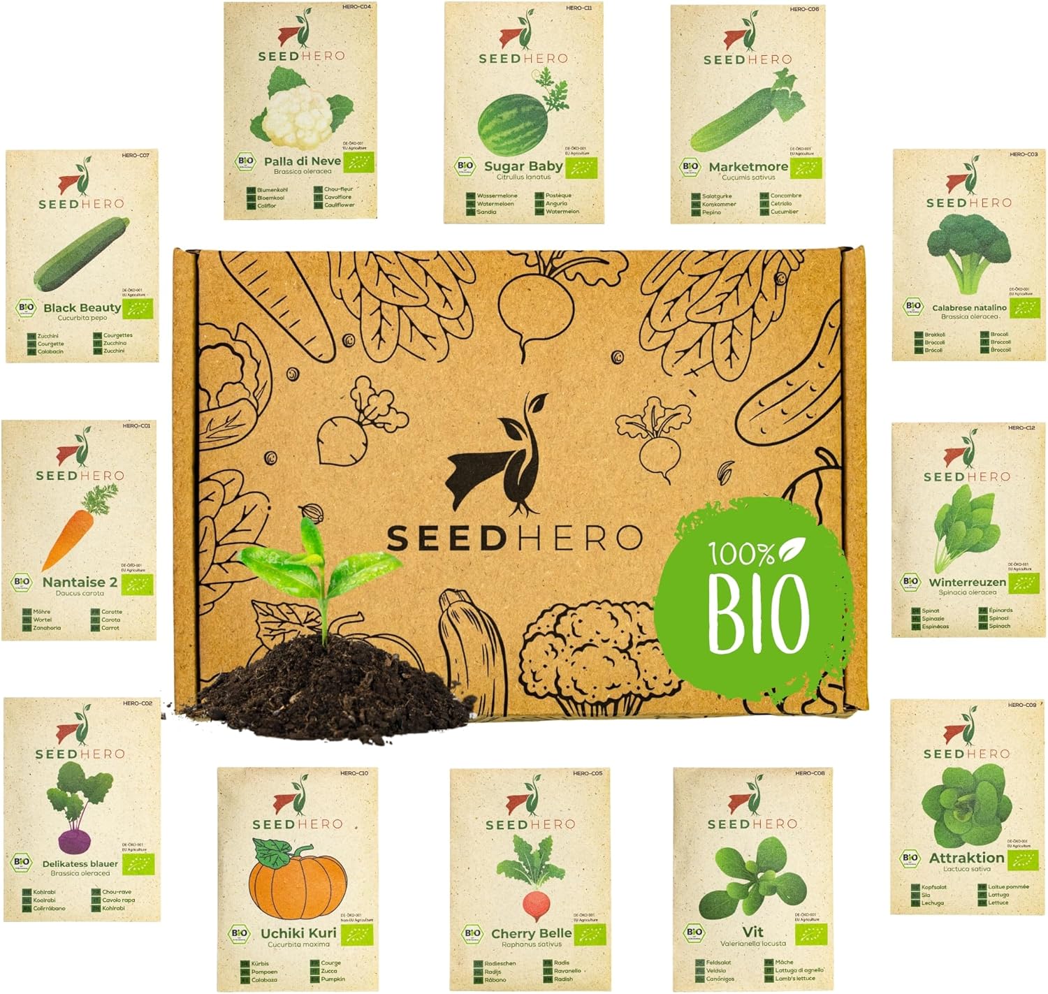 Set de graines de légumes BIO - 12 sortes de graines de légumes issues de l'agriculture biologique, graines résistantes aux graines, set avec concombre, radis, courgette, pastèque & plus