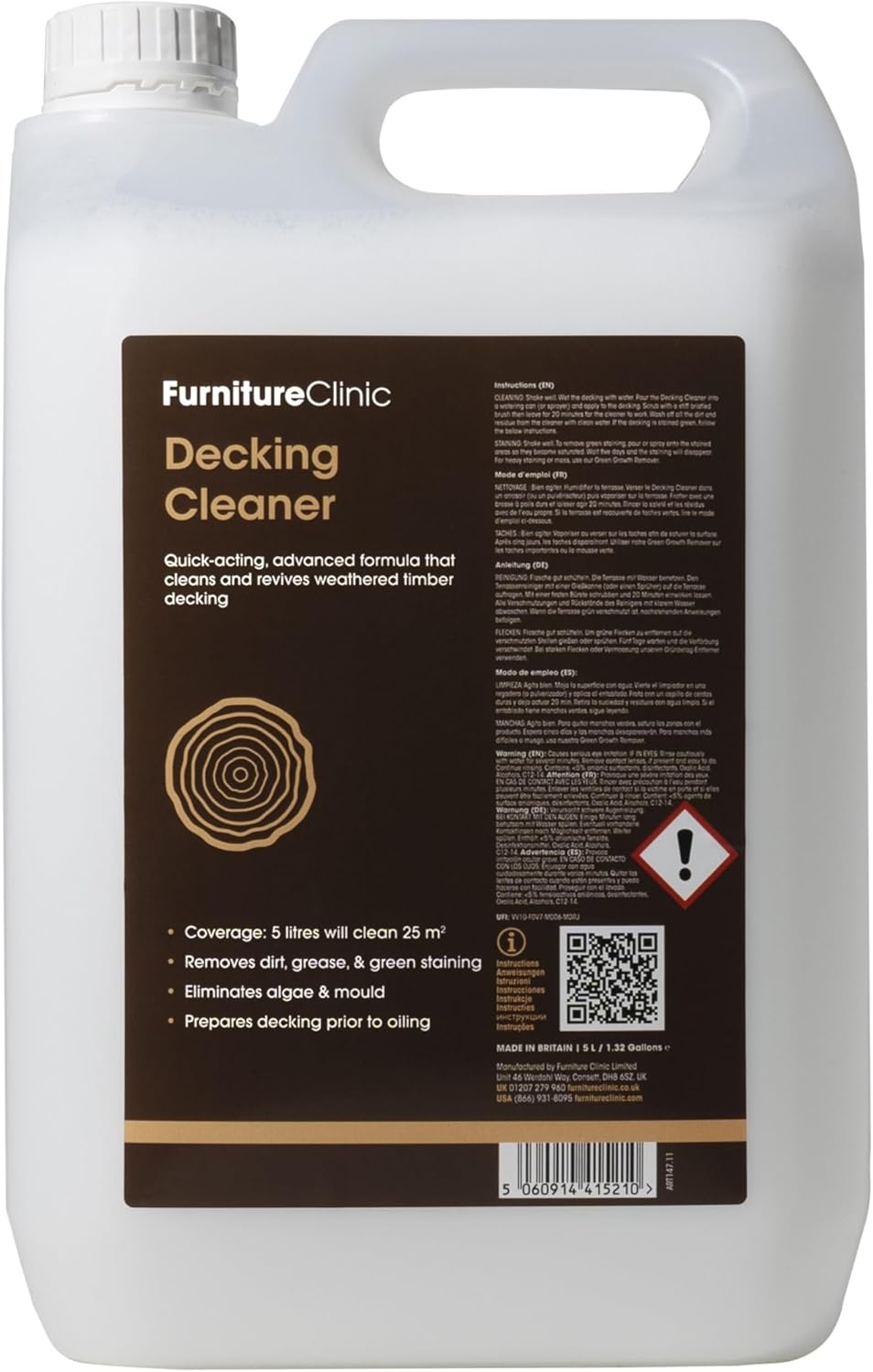 Nettoyant terrasse extérieur Furniture Clinic 5 L – Nettoyant terrasse vieilli, élimine les taches et restaure le bois – Nettoie la saleté et les dépôts verts des meubles de jardin Nettoyeur
