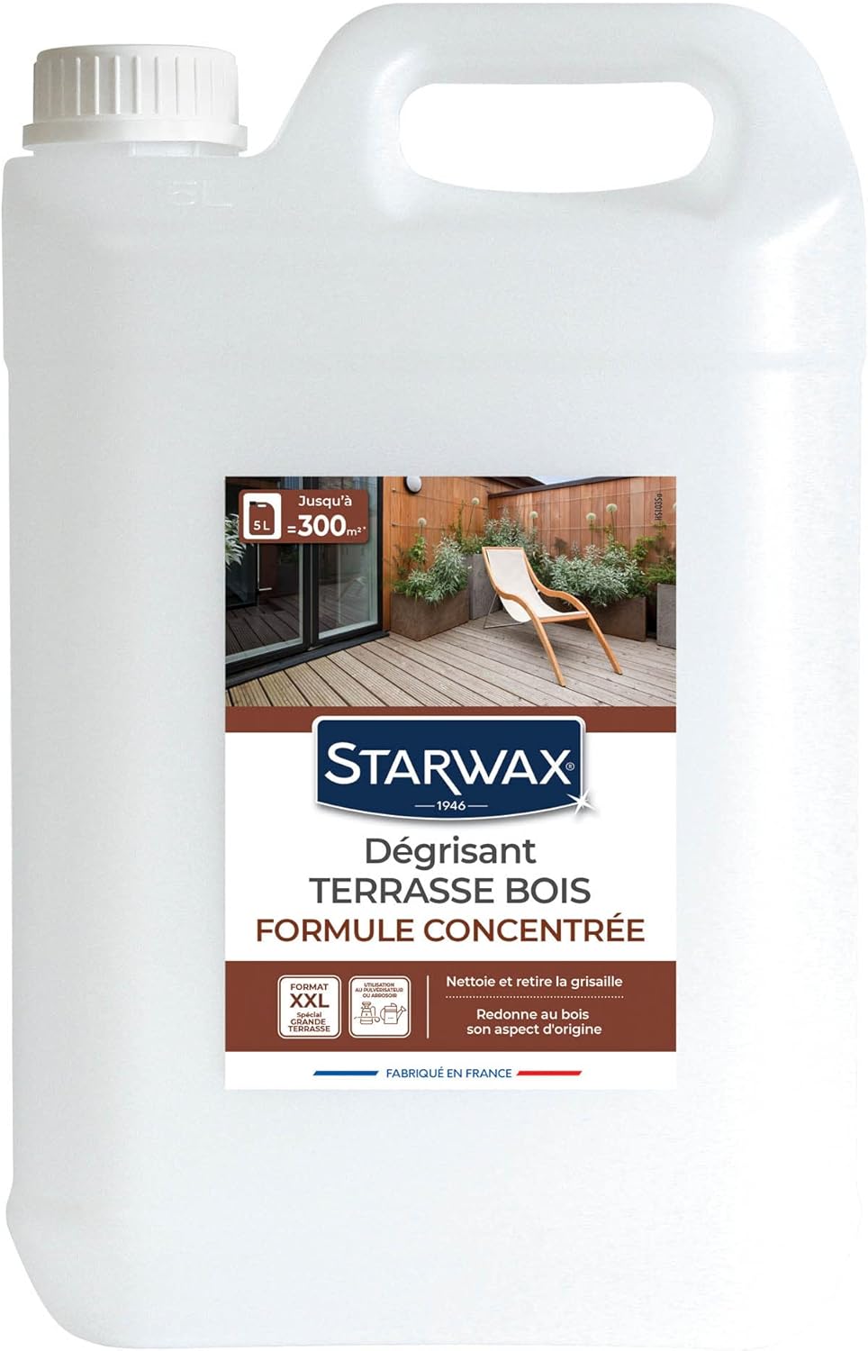Dégrisant Concentré pour Terrasse, Planchers et Bardages en Bois-Nettoie et Rénove-Restaure l'aspect Original-Prépare Avant Rénovation-Fabriqué en France-5l -de 150 à 300m² (1 ou 2 Couches)