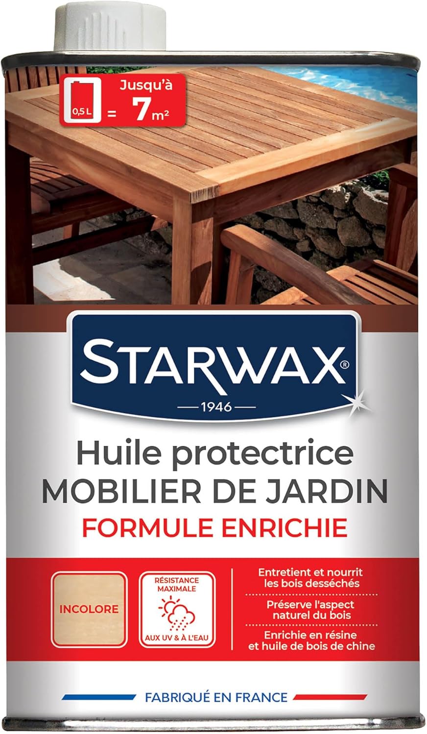 Huile Protectrice Mobilier de Jardin en Bois - Nourrit et Protège Contre les Taches et les Graisses - Résiste à l'Eau et aux UV -Bois Européens et Exotiques - Incolore - 0,5l - Jusqu'à 7m² Incolore 500ml