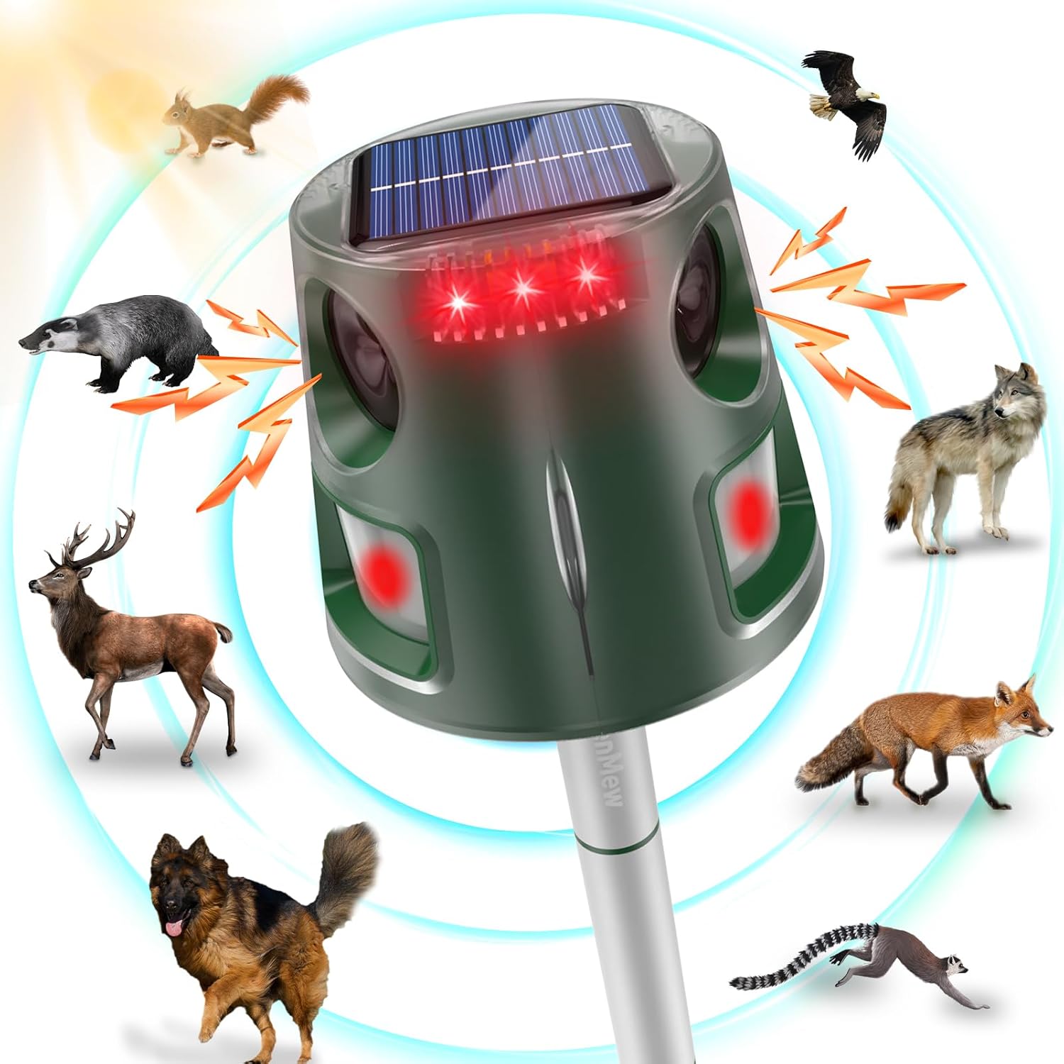 Répulsif Chat Ultrason, Repulsif Pigeon Ultrason Solaire, 5 Modes Repulsif Anti Chat Exterieur, 32ft Repulsif Oiseaux Charge de Solaire USB, pour Jardin, Chats, Pigeon, Lapin, Oiseaux, Souris Green-sm2