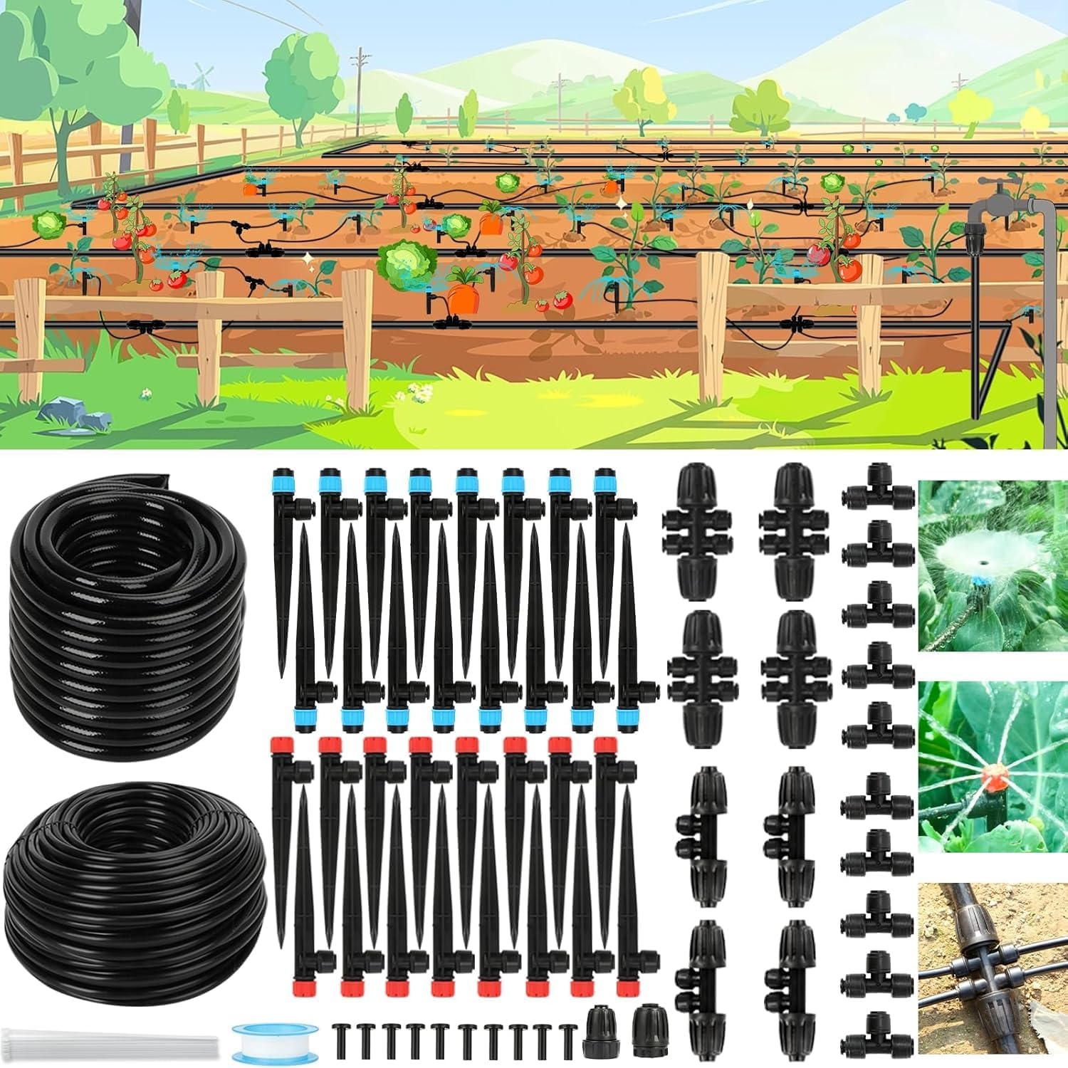 Powate 130FT Système D'irrigation Jardin, Kit d'irrigation Goutte avec 46FT 1/2'' Tubing, New Quick-Connect 1/4 inch Fittings Automatic Sprinkler for Plant Flower Bed pour Jardin pelouse Serre Plantes Noir Noir