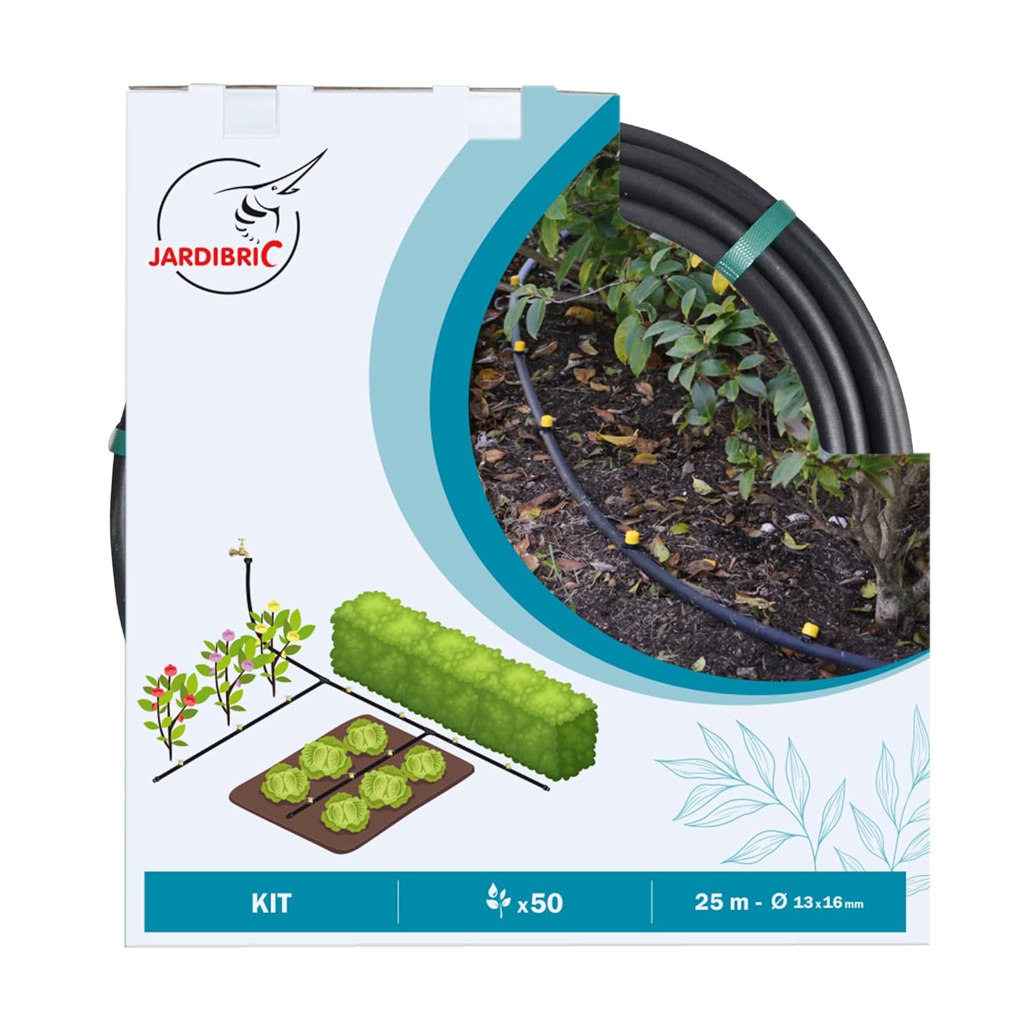 Kit d'Irrigation Goutte à Goutte Ø16 mm - 25m avec 50 Goutteurs, Poinçon, Bouchons et Raccords - Installation Facile pour une Irrigation Précise