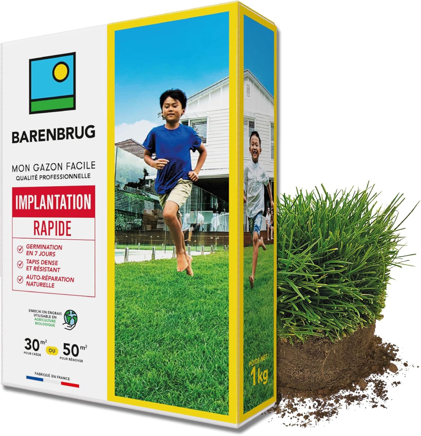 Gazon Implantation Rapide - Germination en 7 Jours - Tapis Dense et Résistant - Autoréparation Naturelle - Engrais Compatible Agriculture Biologique - Fabriqué en France - 1KG 30m2 - 1 Kg