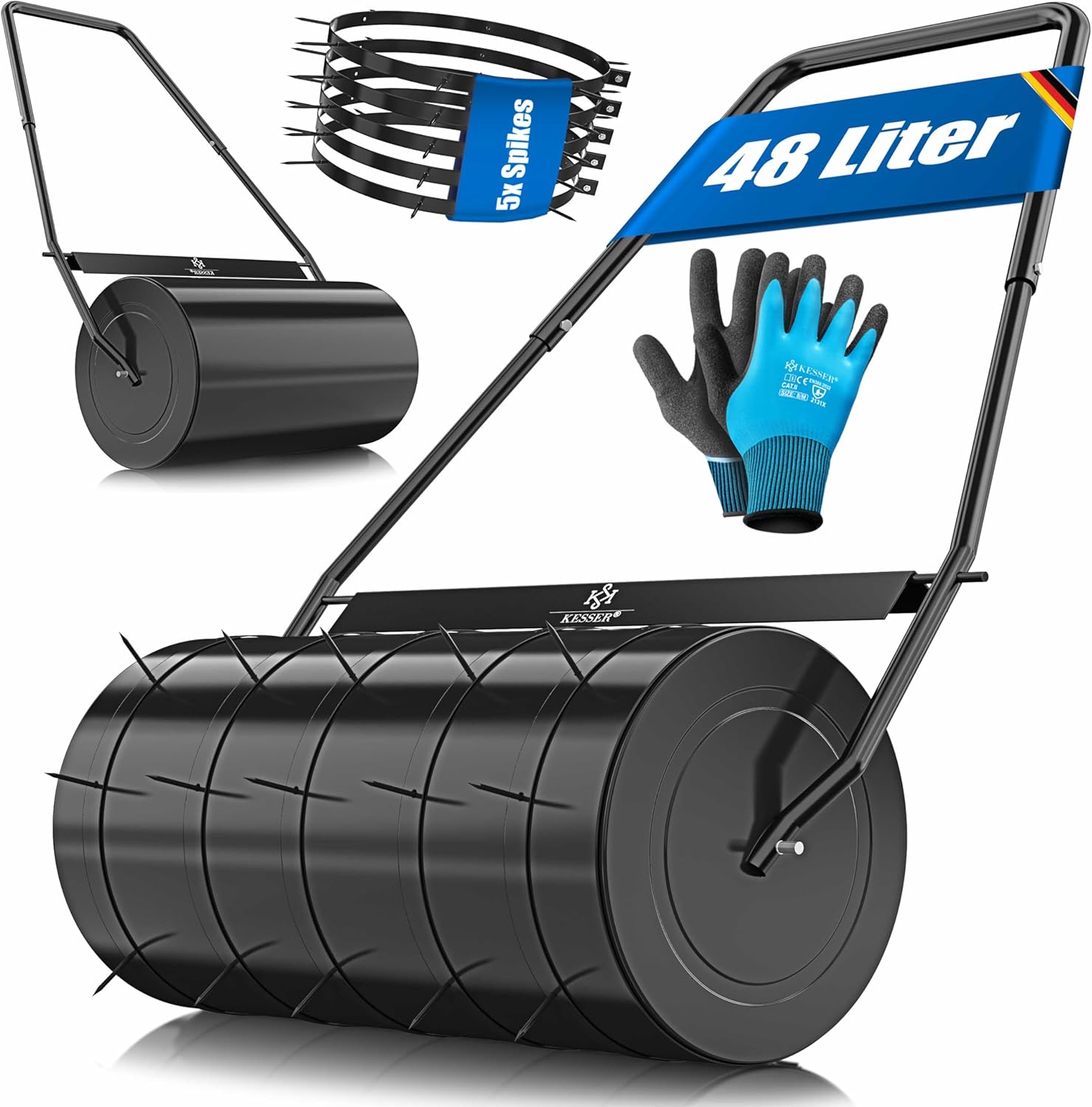 KESSER® Rouleau à Gazon 60cm 48L Volume Remplissage Métal déflecteur saleté & Gants Rouleau à Main Rouleau à Gazon Rouleau Jardin Rouleau agricole Rouleau pouvant être rempli d'eau/Sable 60 kg Noir