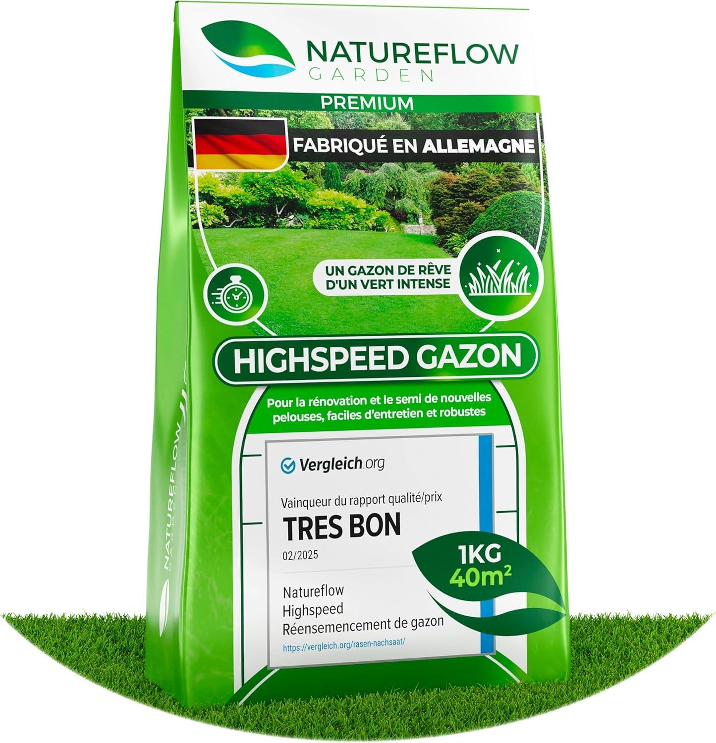 Gazon Regarnissage Rapide 1kg (40m2) - Fabriqué en Allemagne - Résistant & Autoréparation Naturelle - Pelouse Regarnissage - pelouse a semer - Semence Gazon Croissance Rapide 1kg pour 40m2