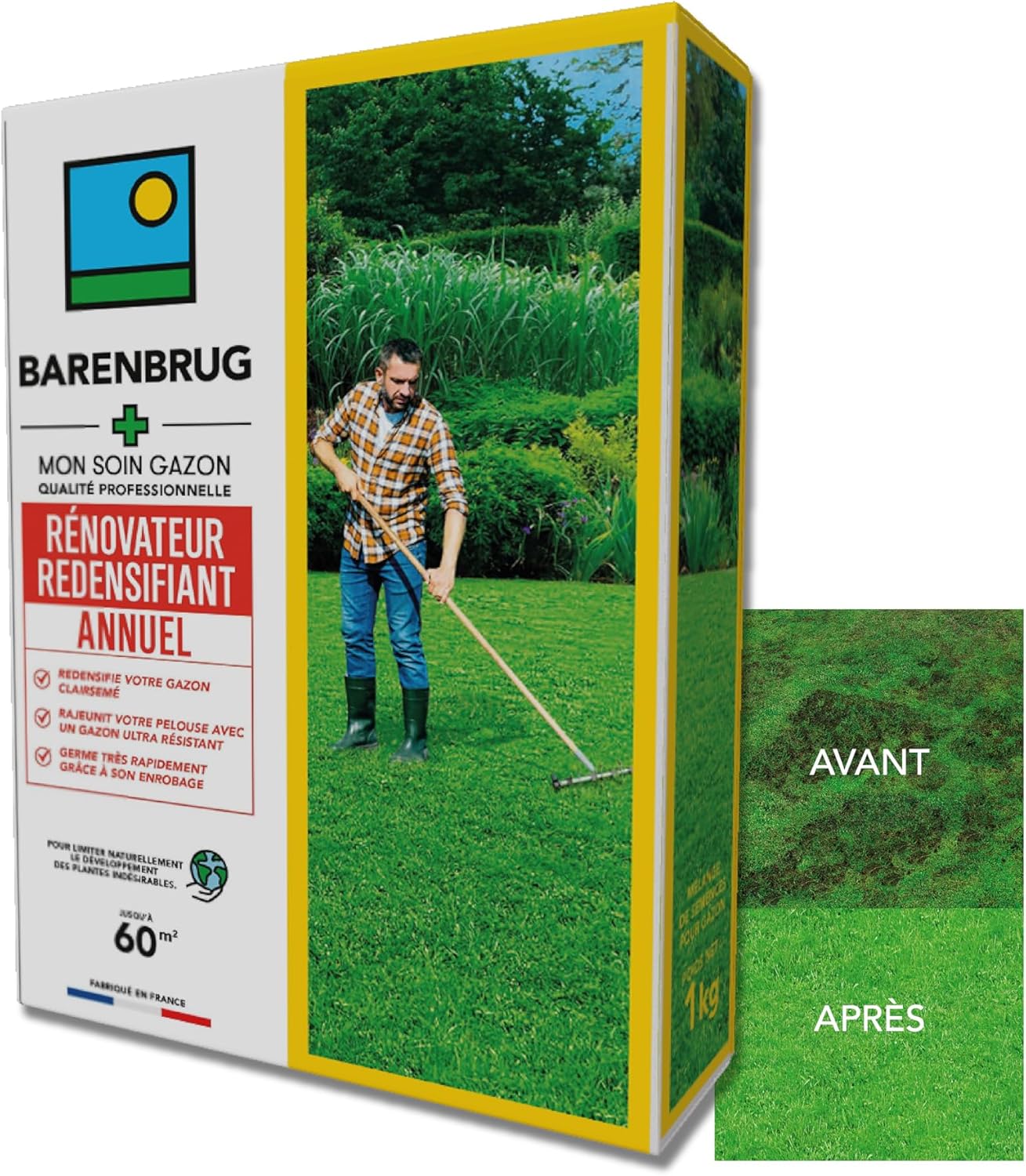 Soin Rénovateur Redensifiant - Redensifie et Rajeunit le Gazon - Germe Très Rapidement - Semences avec Enrobage - Limite Développement Plantes Indésirables - Fabriqué en France - 1KG 60m2 - 1 Kg