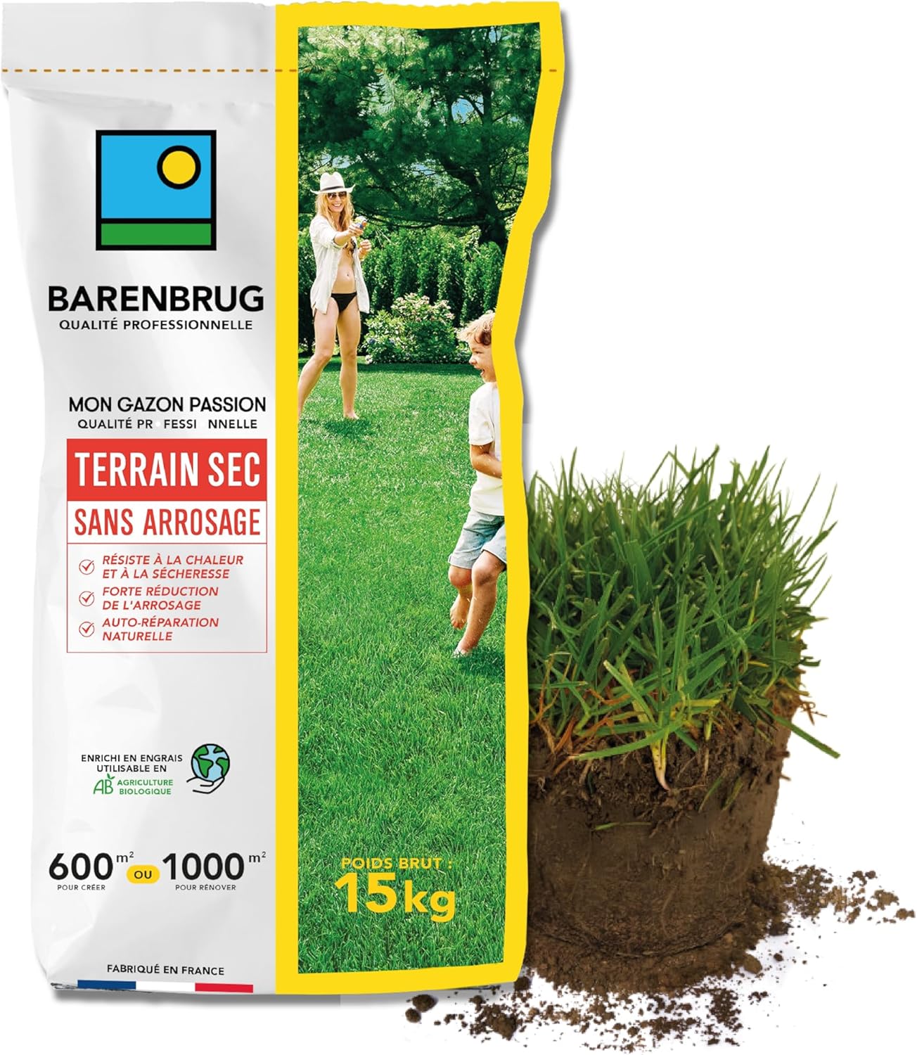 Gazon Terrain Sec sans arrosage - Résiste à la Chaleur et à la Sécheresse - Forte Réduction de l’Arrosage - Autoréparation Naturelle - Économe en Eau - Fabriqué en France - 15KG 600m2 - 15 Kg