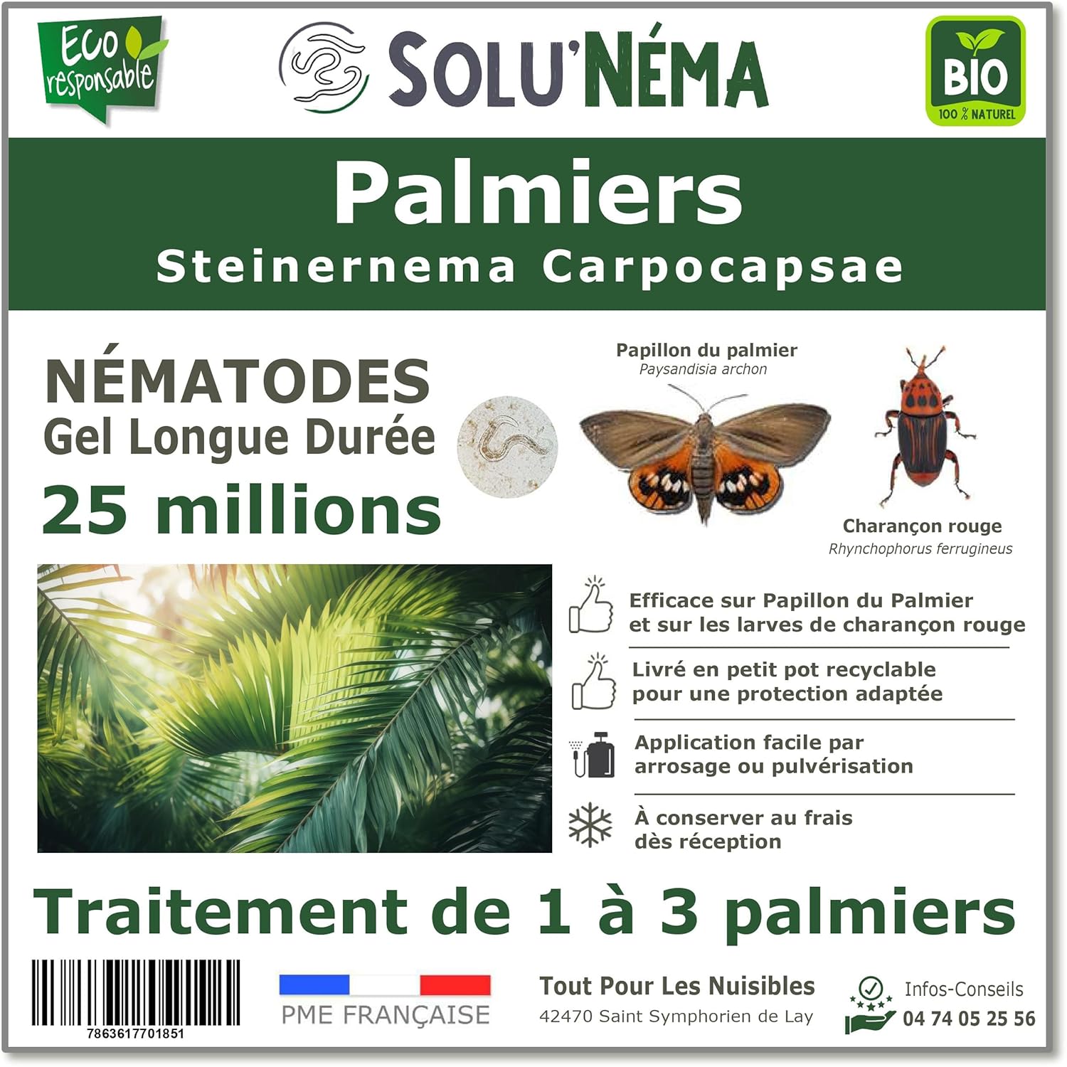SOLUNEMA - Nématodes Contre le Papillon du Palmier et le Charançon Rouge - 25 millions - Pour 1 à 3 Palmiers