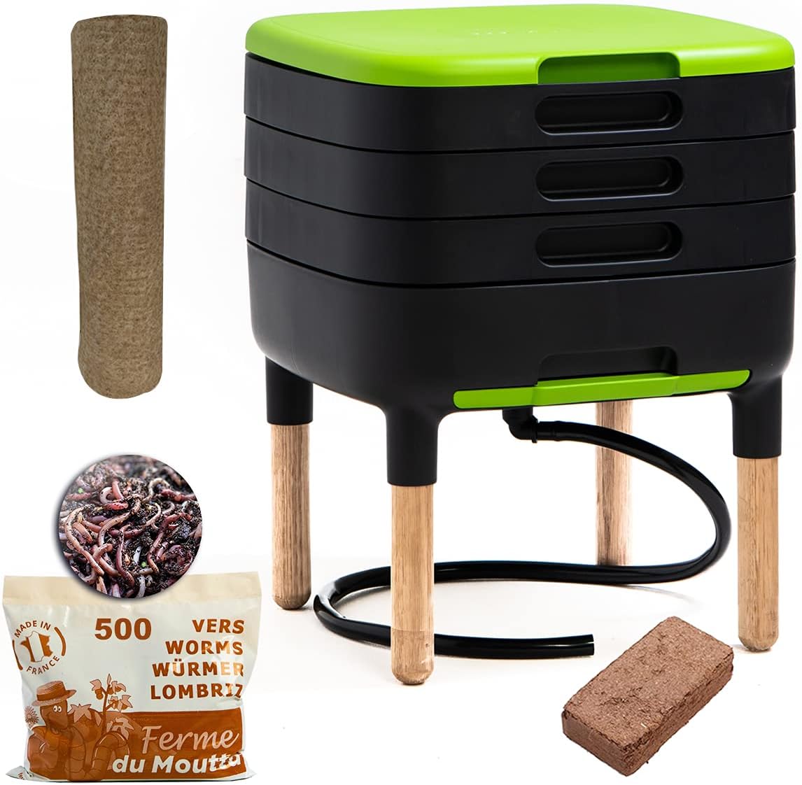 Moutta - TinyWorm Design & Compact I Lombricomposteur 3 Plateaux I 250gr de vers de Compost I Kit Complet I Tiroir Coulissant I Pieds Bois Massif TinyWorm pieds bois + 250gr de Vers de Compost