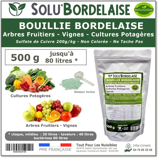 Solu'Bordelaise - 500 g - Bouillie Bordelaise Non Colorée - Fongicide Polyvalent Sulfate de Cuivre - Protection Arbres Fruitiers, Cultures Potagères, Vignes - Utilisable en Agriculture Biologique