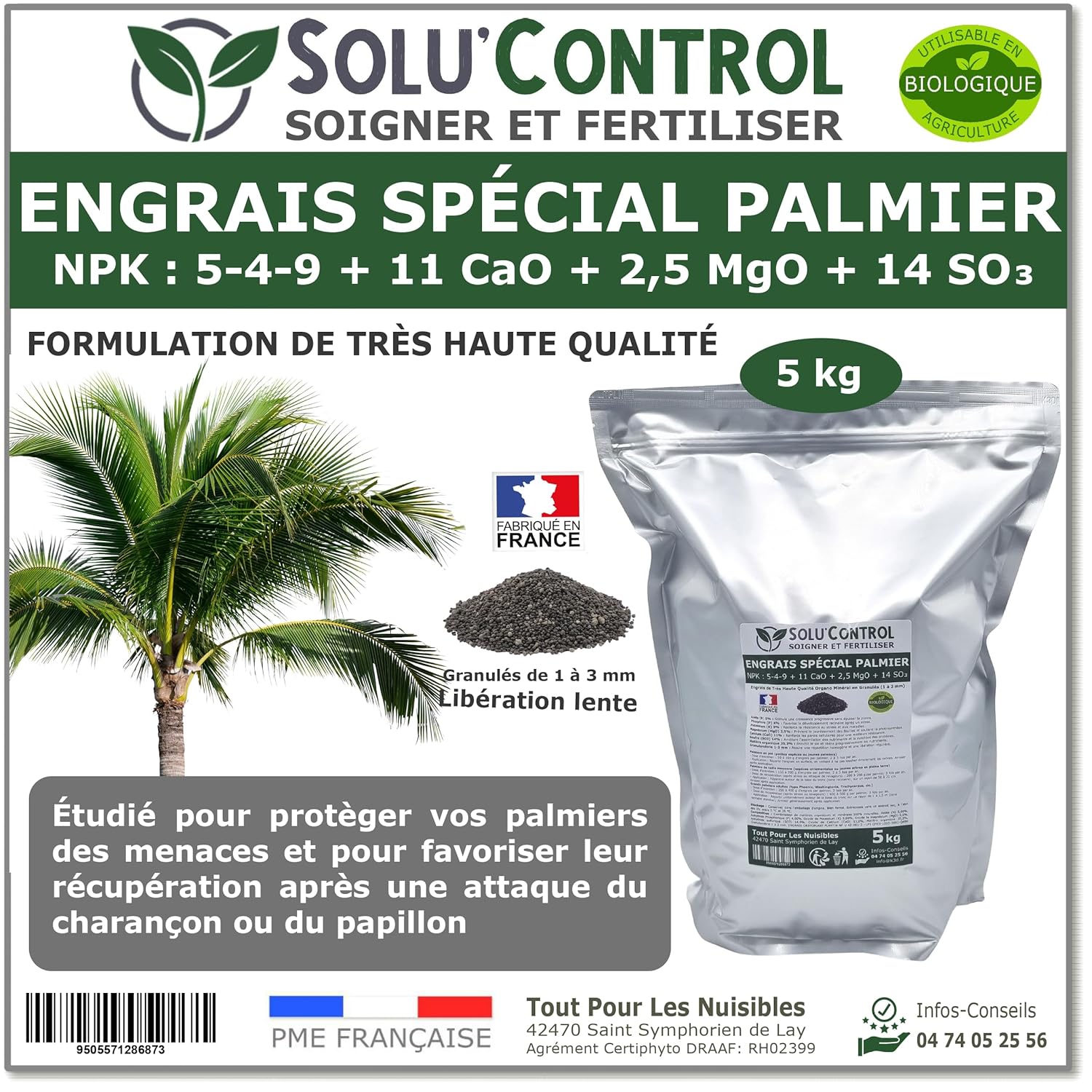 Engrais Spécial Palmier 5 kg - SoluControl - Formulation haute qualité Organo-Minerale - Idéal après attaque du charancon rouge ou du papillon du palmier.