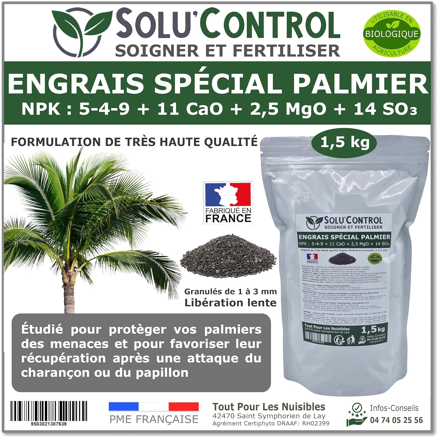 Engrais Spécial Palmier 1,5 kg - SoluControl - Formulation haute qualité Organo-Minerale - Idéal après attaque du charancon rouge ou du papillon du palmier.