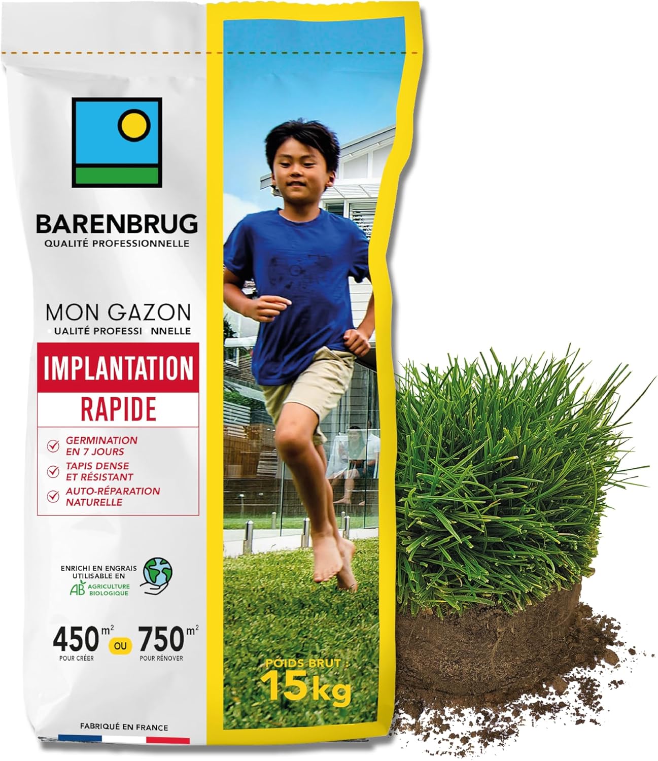 Gazon Implantation Rapide - Germination en 7 Jours - Tapis Dense et Résistant - Autoréparation Naturelle - Engrais Compatible Agriculture Biologique - Fabriqué en France - 15KG 450m2 - 15 Kg