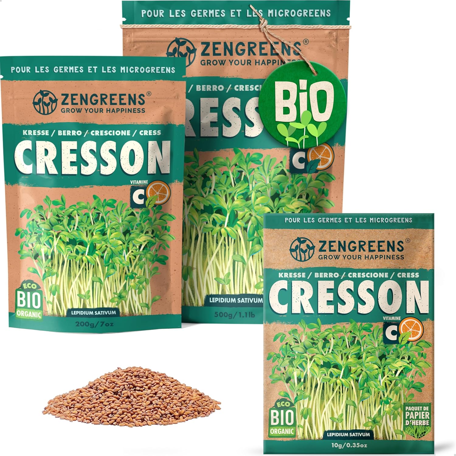 ZenGreens® - Graines de cresson bio - Choisissez entre 10g, 200g et 500g - Graines de cresson avec un taux de germination supérieur à 97% - Microgreens 200 g (Lot de 1) Graines de cresson bio