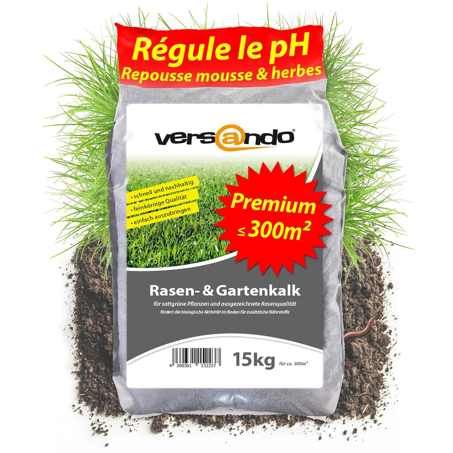 Versando 15kg de chaux à gazon & chaux de jardin printemps jusqu'à 300m² : repousse mousse, mauvaises herbes favorise le développement du sol & des racines idéal pour le gazon avec effet longue durée 15kg Calcaire de pelouse