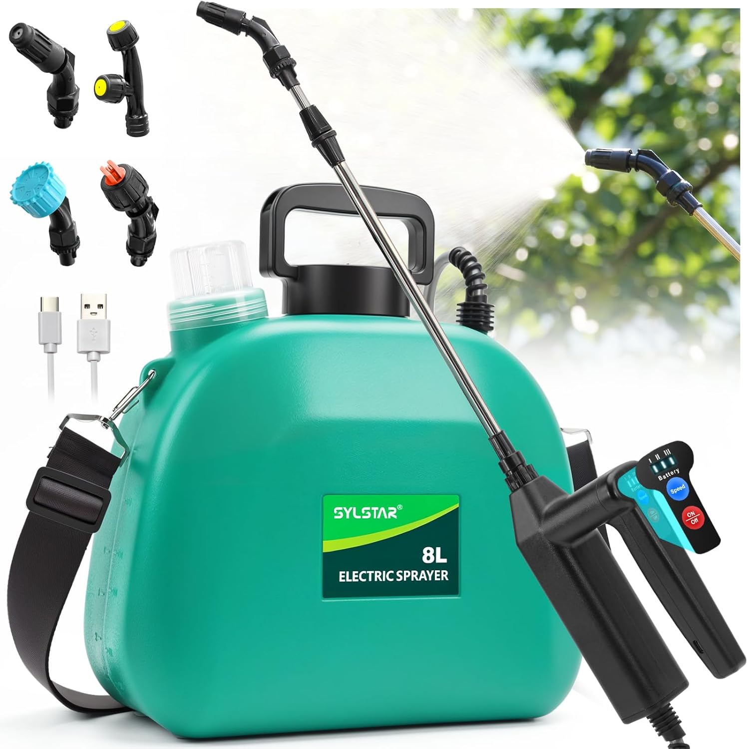 Pulverisateur Electrique 8L, 7.4V Pulverisateur de Jardin Puissant avec 4 Buses Reglables, 3 Vitesses de Pulverisation et Canne Telescopique, Pulverisateur a Pression pour Cour, Pelouse