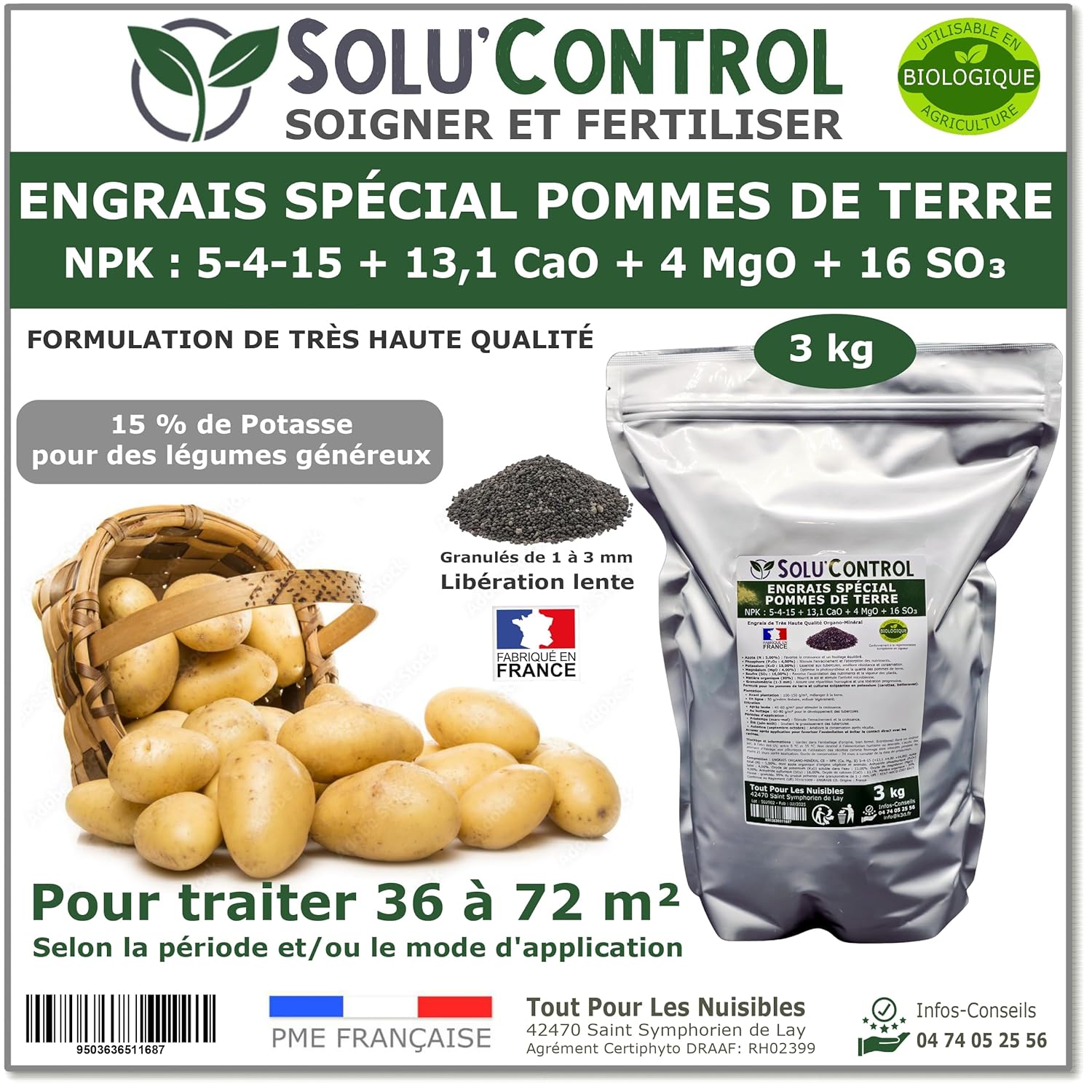 3 kg d'Engrais Spécial Pommes de terre et légumes racines 5-4-15 - Enrichi en Potasse - Favorise la croissance, le grossissement et la conservation des tubercules - UAB - Fabriqué en France