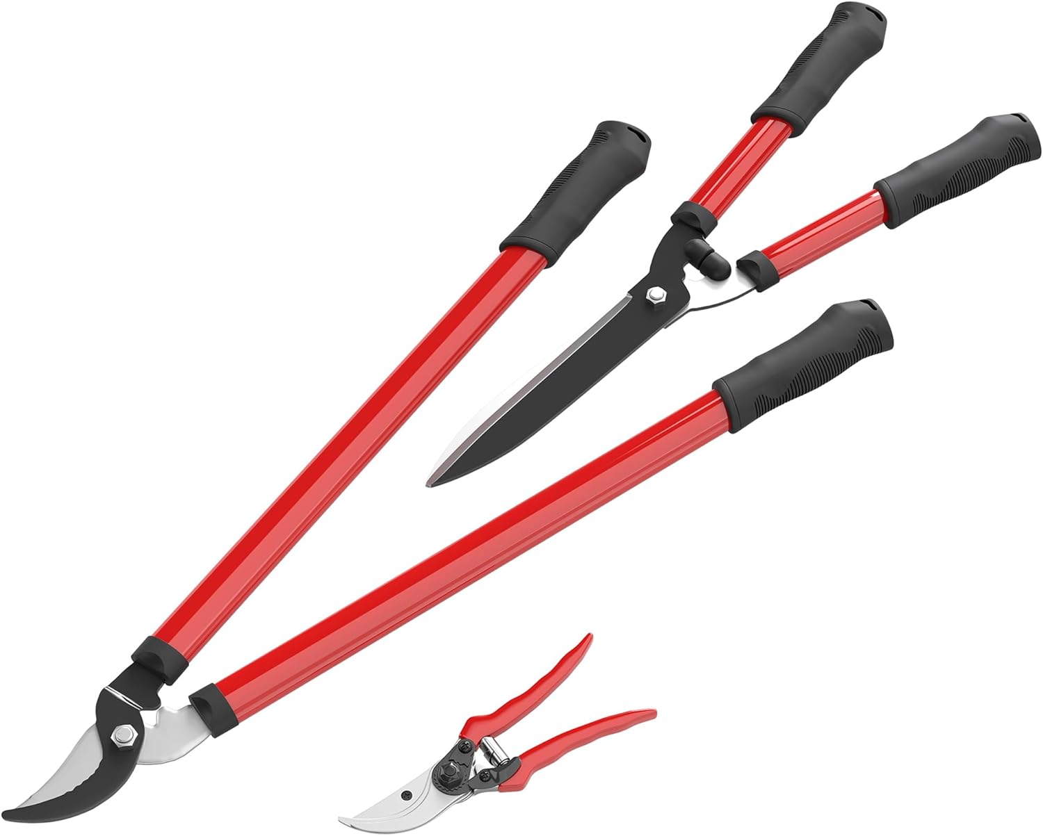 Lot de 3 cisailles de jardin, ensemble de coupe pour jardinage, coupe-branches de 65 cm, taille-haie de 51,5 cm, sécateur de 20 cm, avec poignée souple, rouge