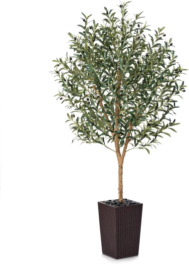 VeriNatural Olivier Artificiel 180cm-Grande Plante Artificielle d'Intérieur et Extérieur, Fausse Arbre avec Pot en Plastique Tressé Marron&Résistant aux UV-Décoration pour Maison,Balcon,VN133 180 cm Marron