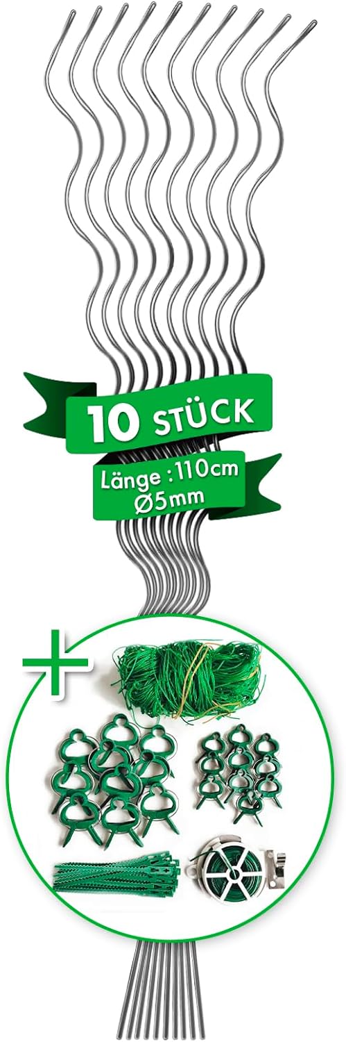 Lot de 10 tuteurs en spirale pour tomates avec kit d'accessoires – Longueur 110 cm – Tuteur à tomates – Tuteur en spirale – Tuteur pour tomates – Tuteur de tomates (galvanisé) environ 110 cm 110 cm