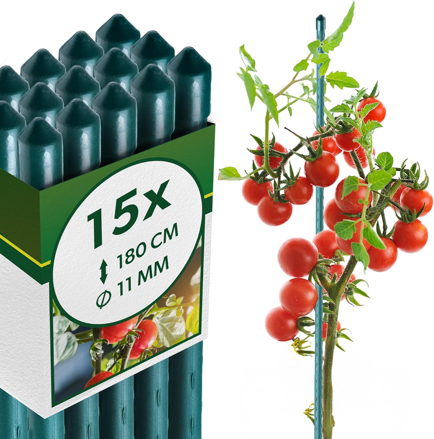 Lot de 15 Tuteurs en Acier avec revêtement - 180 cm x 11 mm - Tuteur pour Plantes - Résistant aux intempéries - Tuteur à tomates avec Crochet 15 180cm x 11mm