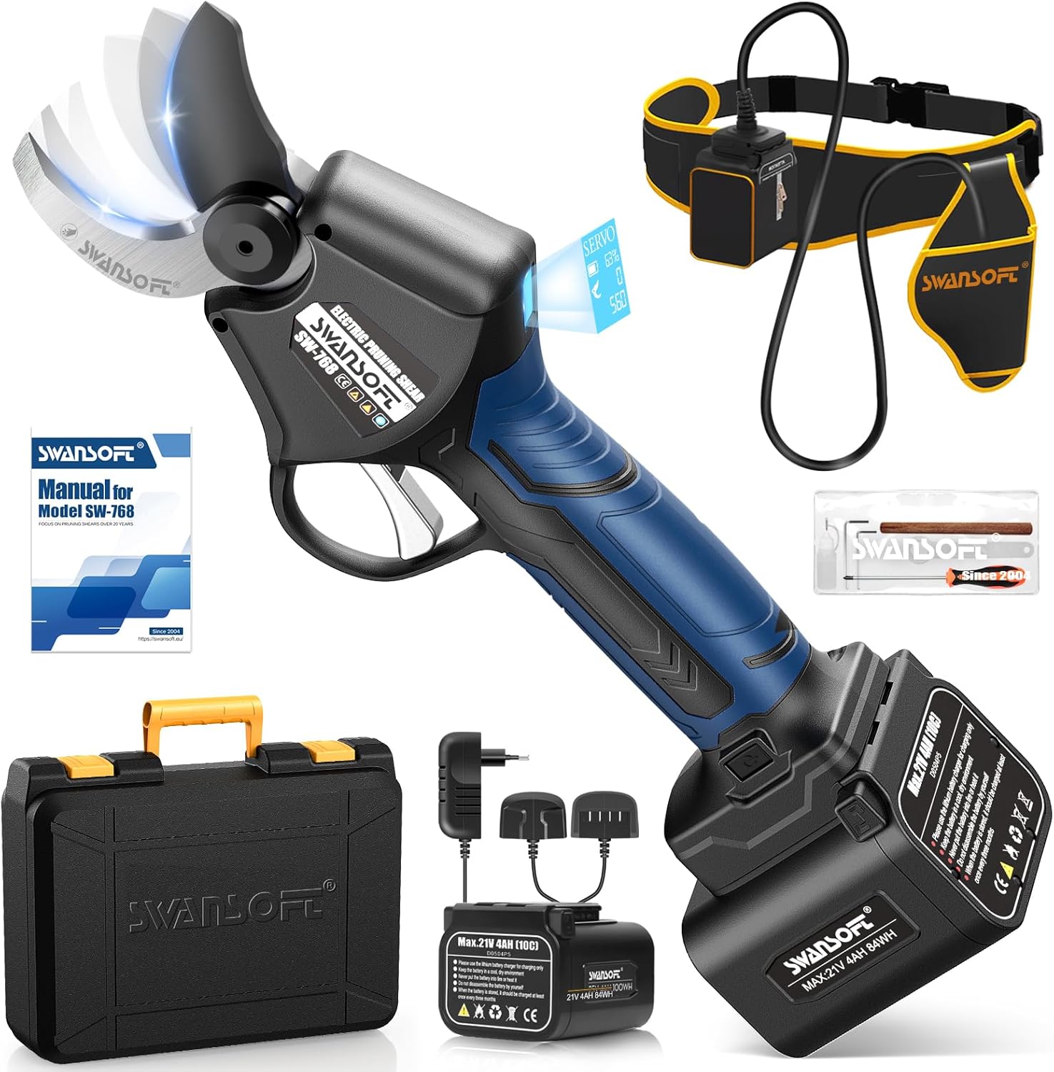 Sécateur Électrique Double lame - Sécateur Professionnel 42mm, 1150W 21V 4Ah X 2 Batteries, Ecran LCD Sécateur Batterie Alimenté, Contrôle Progressif, pour Vignobles, Oliveraies et Vergers SW-768