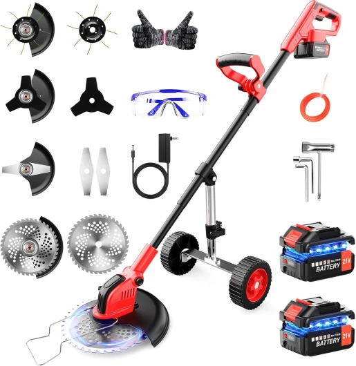 Lacoco 4-EN-1 Débroussailleuse Électrique sans Fil avec Batterie 2*3.0AH 21V Debroussailleuse à Roues Coupe Bordure à Gazon Pliable 4 Type de Lames Coupe-Herbe pour Jardin Pelouses et Terres Agricoles Rouge