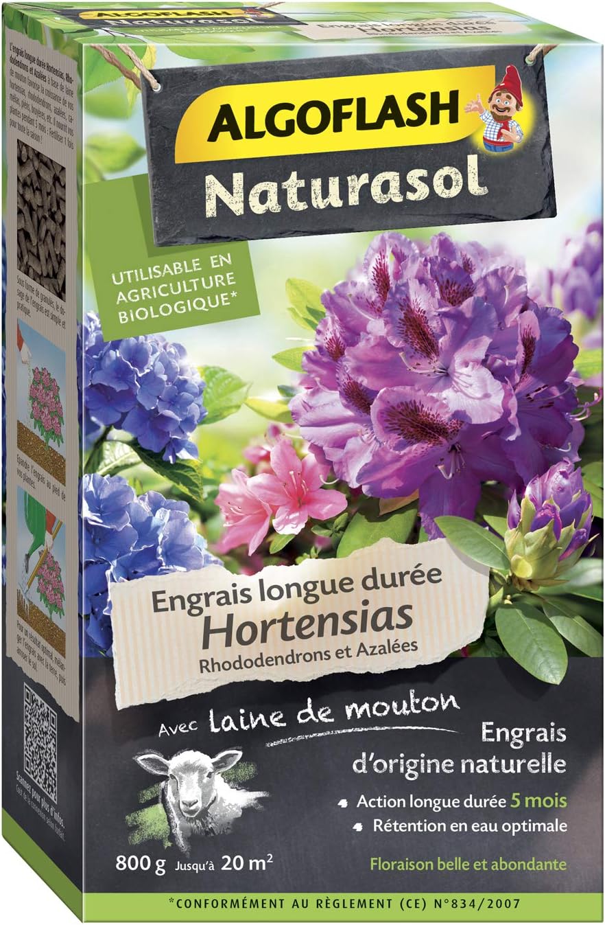 NATURASOL Engrais Hortensias, Rhododendrons et Azalées, Longue durée 5 mois, Jusqu'à 20 m², UAB, 800 g, ABIOHOR800 Granulés UAB 800 g