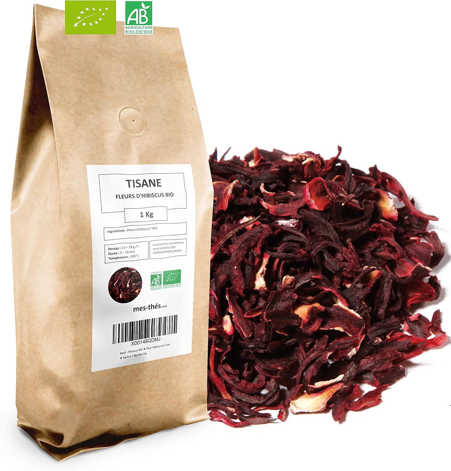 Fleurs d'Hibiscus Bio - Fleurs séchées en vrac - 1kg (400 tasses) - 100% Agriculture Biologique - Mes-Thés 1.0 Kilogrammes